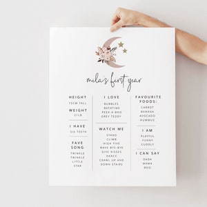 Floral Moon Milestone Poster, First Birthday Milestone Sign, First Birthday Milestone Board, 1st Birthday Boho, Poster Template