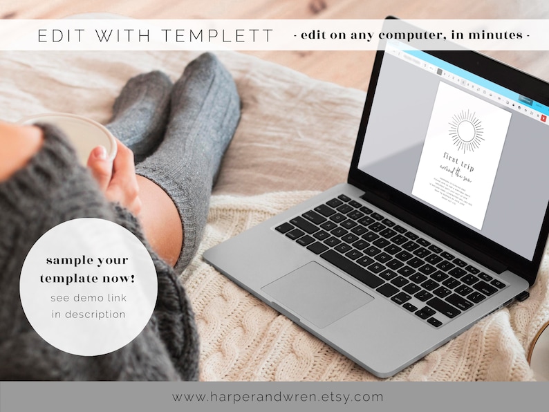 May include: A laptop computer displaying a printable template for a "first trip" itinerary. The template features a simple sun graphic and the text "first trip,  around the sun". The laptop is on a white knitted blanket.