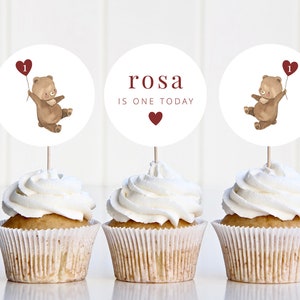 Urso dos namorados, modelo de topper de cupcake, urso de primeiro aniversário, piquenique de ursinhos de pelúcia, primeiro aniversário dos namorados, toppers de cupcake imprimíveis