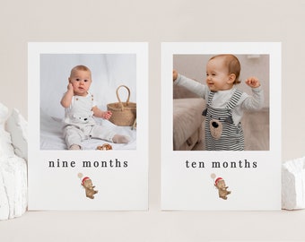 May include: Two photos of a baby boy, one at nine months and one at ten months. The photos are in white frames with a white background. Each photo has a small illustration of a bear wearing a Santa hat.