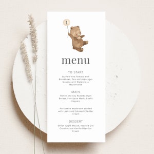Modèle de menu ours, premier anniversaire Beary, menu pique-nique ours en peluche, ballon ours 1er anniversaire, menu modifiable, carte de menu imprimable