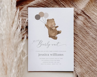 We Can Bearly Wait Invitation, Bear Baby Shower Invitation, Teddy Bear Baby Shower, Bear Invitation Template, Printable Baby Shower Invite