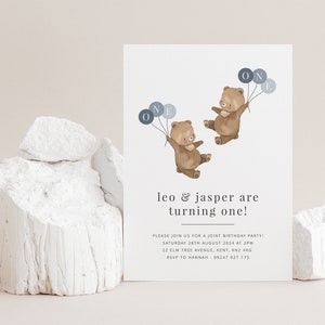 Boy Twins Bear Invitation Template, Blue Teddy Bear Invite, Bear Twin Birthday Invite, Teddy Bears Picnic, Boy Twin Invite, Printable Invite