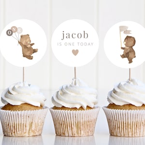 Modello topper per cupcake, toppers per cupcake con palloncini a forma di orso, picnic con orsacchiotti, cupcake per il primo compleanno di Beary, toppers per cupcake a forma di orso stampabile