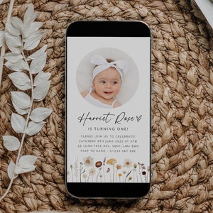Wildflower Evite, First Birthday Girl, Birthday Digital Invite, Wildflower Birthday, Boho 1st Birthday, Text Invitation, 1st Birthday