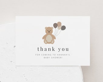 Bear Thank You Card Template, Bear Balloons Thank You Note, Teddy Bear Shower , Bear Baby Shower, Printable Thank You Card