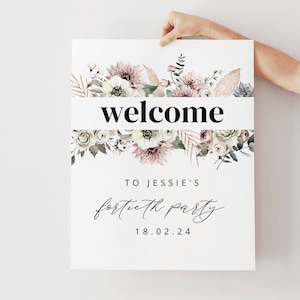Floral Welcome Sign Template, Blush Florals Welcome Poster, 40th Birthday Party Welcome Sign, Pampas Welcome Sign, Printable Welcome Sign