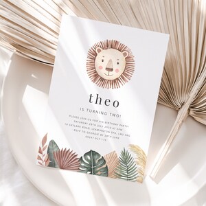 Editable Lion Birthday Invite | Safari Birthday | Jungle Birthday Invitation | Boho Leaf Lion | Printable Birthday invitation