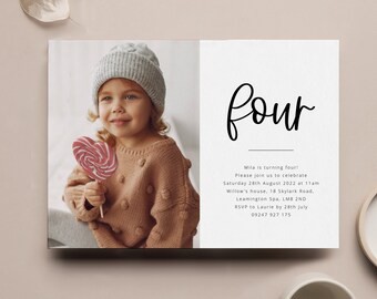 Fourth Birthday Invitation Template, Photo Birthday Invitation, Modern 4th Birthday Invite, Four Invitation, Printable Birthday Invitation