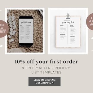 K&ouml;nnte beinhalten: Zwei druckbare Einkaufslistenvorlagen, eine auf einem Smartphone-Bildschirm und eine auf einem Blatt Papier, mit dem Text "MASTER grocery list" oben. Der Text "3 PAGES SMART PHONE SIZE INCLUDED" befindet sich in einem rosa Kreis links und der Text "3 PAGES US LETTER + A4 SIZE INCLUDED" befindet sich in einem rosa Kreis rechts. Der Text "10% off your first order & FREE MASTER GROCERY LIST TEMPLATES" befindet sich unter den Bildern. Der Text "LINK IN LISTING DESCRIPTION" befindet sich in einem grauen Button unter dem Text.