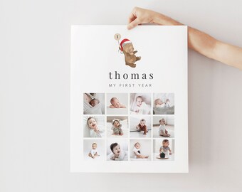 May include: A white poster with a brown bear wearing a red Santa hat and holding a balloon with the number 1 on it. The poster says "thomas my first year" and has a grid of 12 photos of a baby boy at different ages.