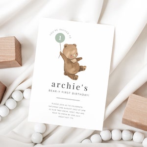 Bear Birthday Invitation Template, Sage Green Bear Invite, 1st Birthday Boy, Beary First Birthday, Bear Balloons, Printable Birthday invite