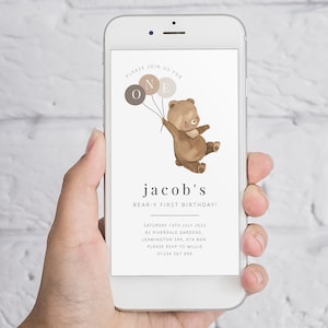 Bear Balloons Evite, 1st Birthday Boy, Bear Text Invitation, Beary First Birthday, Neutral Bear Balloons, One Evite, Teddy Bear Text Invite
