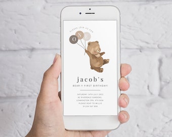 Bear Balloons Evite, 1st Birthday Boy, Bear Text Invitation, Beary First Birthday, Neutral Bear Balloons, One Evite, Teddy Bear Text Invite