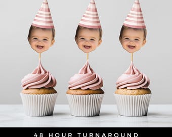 Décoration de cupcakes visage de bébé, chapeau de fête, fichier numérique, 1er anniversaire de fille, photo de bébé personnalisée, décorations de cupcakes personnalisées imprimables