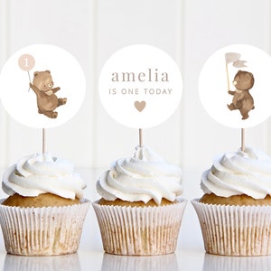 Cupcake Topper Vorlage, Bär rosa Ballon, Bär Cupcake Toppers, Teddybären Picknick, Beary 1. Geburtstag Cupcake, druckbare Cupcake Toppers