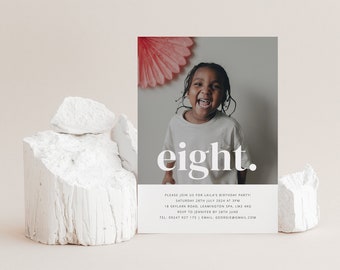 8th Birthday Invite Template, Eight Photo Birthday Invitation, 8th Birthday Girl, Eighth Birthday Invitation, Printable Birthday Invitation