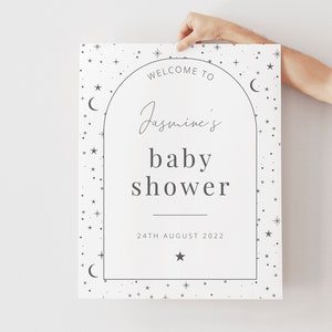 Celestial Willkommensschild Vorlage, Babyparty Willkommensschild, Mond Sterne Willkommensschild, Bogen Willkommensschild, Benutzerdefiniertes Zeichen, druckbares Willkommensschild
