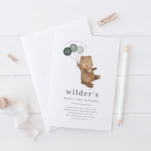 Bear Invitation Template, 1st Birthday Boy, Bear Forest Invitation, Teddy Bears Picnic, Bear Balloons Invite, Printable Birthday invite