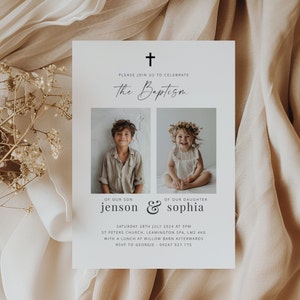 Joint Baptism Invitation Template, Baptism Photo Invite, Naming Day Invitation, Sibling Christening Photo Invite, Printable Baptism invite