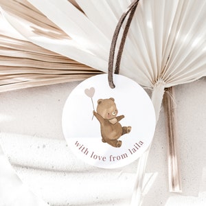Modèle d'étiquette de remerciement d'ours, 1er anniversaire fille, ballon coeur d'ours, pique-nique d'ours en peluche, fleur sauvage d'ours, étiquette de remerciement d'ours imprimable