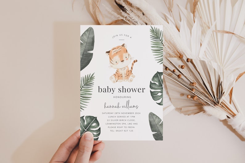 Tiger Baby Shower Invite Template, Jungle Baby Shower Invitation, Tiger Shower Invitation, Neutral Baby Shower, Printable Baby Shower Invite image 3