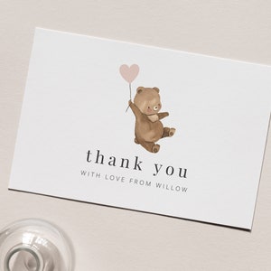 Modello di biglietto di ringraziamento con orso, 1° compleanno ragazza, palloncino a cuore di orso, nota di ringraziamento con orso, picnic con orsacchiotti, biglietto di ringraziamento stampabile