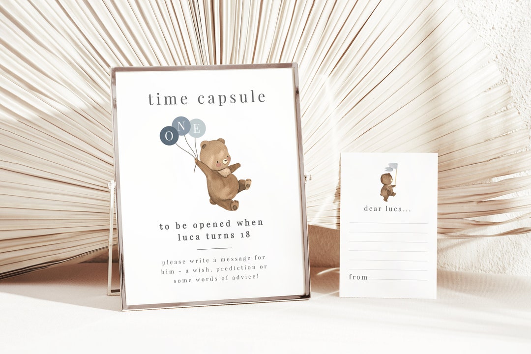 Bear Time Capsule Template, Bear Blue Balloons, First Birthday Time ...