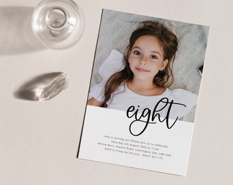8th Birthday Invite Template, Photo Birthday Invitation, Modern 8th Birthday Invite, Eighth Birthday, Printable Birthday Invitation
