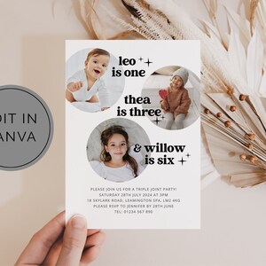 Triple Birthday Invitation Template, 3 Photos Birthday Invite, Canva Template Invitation, 3 Siblings Invitation, Printable Birthday Invite