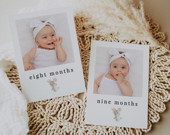 May include: Two white cards with photos of a baby girl at eight and nine months old. Each card has a white bunny with a pink balloon and the text "eight months" and "nine months" respectively.