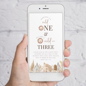 May include: A digital invitation for a joint birthday party for Harrison turning one and William turning three. The invitation features a lion illustration and the text "Harrison is a wild one & William is wild and three".