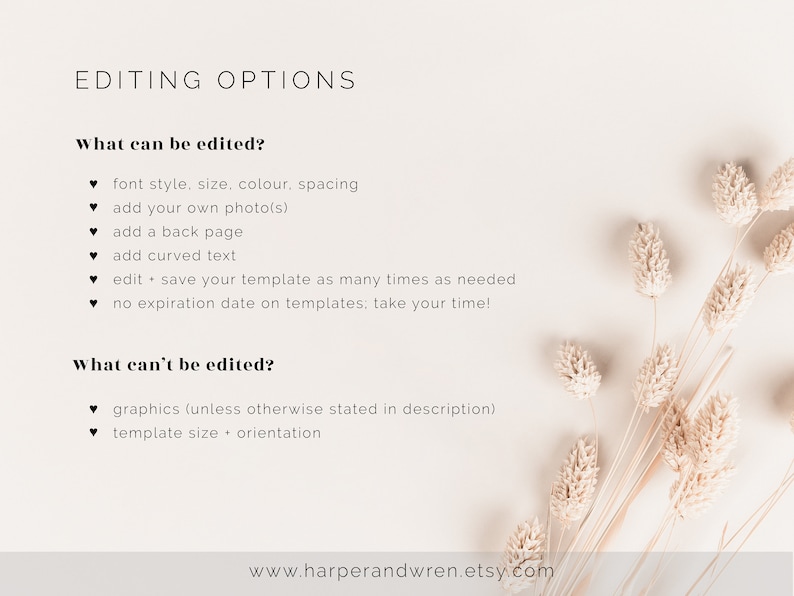 K&ouml;nnte beinhalten: Ein wei&szlig;er Hintergrund mit dem Text "Editing Options" und einer Liste, was in einer digitalen Vorlage bearbeitet werden kann und was nicht. Der Text ist schwarz und der Hintergrund wei&szlig;. Das Bild zeigt au&szlig;erdem einen Strau&szlig; getrockneter beigefarbener Blumen in der rechten unteren Ecke.