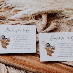Modèle de livres pour bébé, ours en peluche baseball, encart pour baby shower ours, baby shower, demande de livre, apportez une carte, carte de visite imprimable
