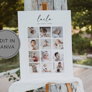 Póster del primer año del bebé, plantilla de Canva, impresión de fotos del primer cumpleaños, impresión de mi primer año, año en imágenes, póster imprimible del primer año