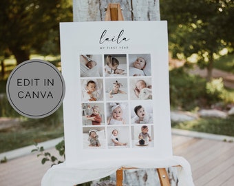 Babys First Year Poster, Canva Template, 1st Birthday Photos Print, My First Year Print, Year in pictures, Printable 1st Year Poster