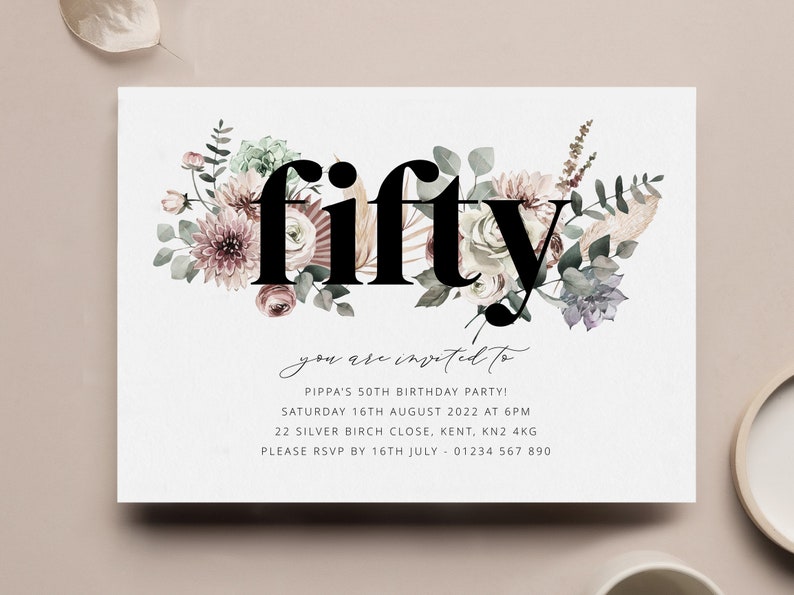 May include: A floral birthday invitation with the word "fifty" in bold black text. The invitation is for a 50th birthday party and includes the date, time, and location of the event. It also includes the RSVP information.