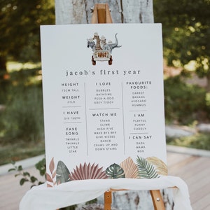May include: A white sign with a jungle theme, featuring a cartoon jeep with animals. The sign lists a child's first year milestones, including height, weight, favorite foods, songs, and things they can do. The text reads "jacob's first year".
