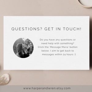 Puede incluir: Una foto en blanco y negro de una mujer y un ni&ntilde;o, con texto que dice "QUESTIONS? GET IN TOUCH! &iquest;Tienes alguna pregunta o necesitas ayuda con algo? Haz clic en el bot&oacute;n 'Message Maria' a continuaci&oacute;n. Intento responder a los mensajes en un plazo de 24 horas :) www.harperandwren.etsy.com"