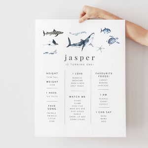 Plantilla de póster de hito de tiburón, animales del océano, tablero de hito del primer cumpleaños, primer cumpleaños náutico, póster de hito imprimible
