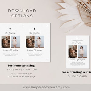 May include: Two printable baptism invitations with photos of a boy and girl. The invitations are white with black text and a small cross. The text reads "Please join us in celebrating the Baptism of Jenson & Sophia".