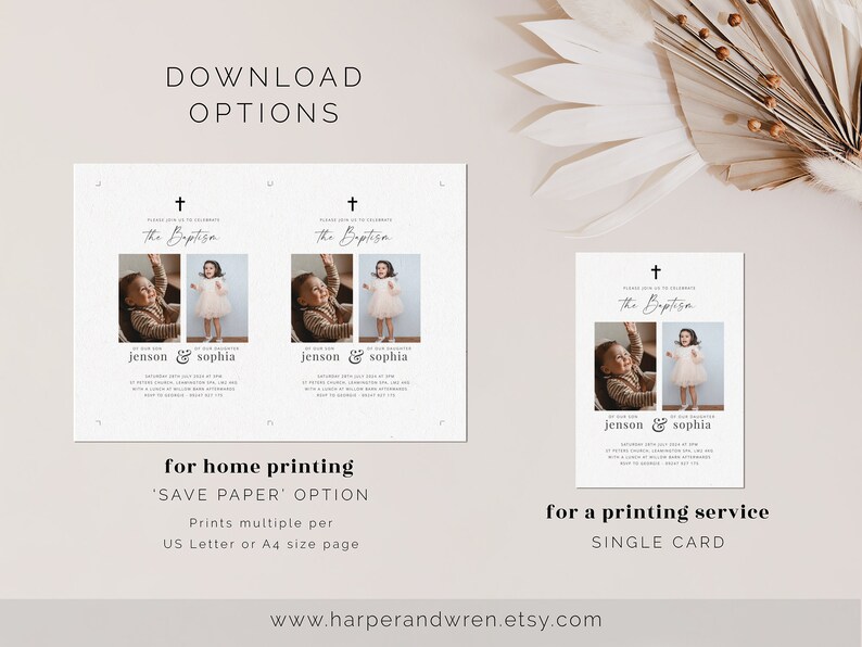 May include: Two printable baptism invitations with photos of a boy and girl. The invitations are white with black text and a small cross. The text reads "Please join us in celebrating the Baptism of Jenson & Sophia".