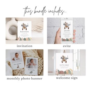 May include: A printable bundle for a baby shower or birthday party with a jungle animal theme. The bundle includes an invitation, an evite, a monthly photo banner, and a welcome sign. The invitation and evite feature a cartoon illustration of a safari jeep with animals. The monthly photo banner features two photos of a baby with a giraffe and an elephant. The welcome sign features a cartoon illustration of a safari jeep with animals and the text "welcome".
