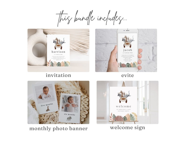 May include: A printable bundle for a baby shower or birthday party with a jungle animal theme. The bundle includes an invitation, an evite, a monthly photo banner, and a welcome sign. The invitation and evite feature a cartoon illustration of a safari jeep with animals. The monthly photo banner features two photos of a baby with a giraffe and an elephant. The welcome sign features a cartoon illustration of a safari jeep with animals and the text "welcome".