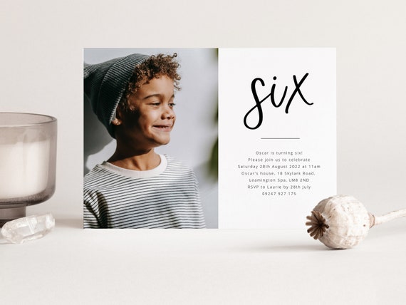 6th Birthday Invite Template, Photo Birthday Invitation, Modern 6th Birthday Invite, Six Birthday Boy, Printable Picture Birthday Invitation