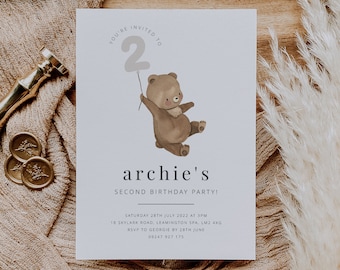 Bear 2nd Birthday Invitation, Birthday Invite Template, 2nd Birthday Invite, Teddy bears picnic, Number Balloon, Printable Birthday Invite