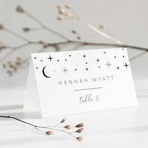 Plantilla de tarjetas de lugar celestial, tarjetas de nombre de boda, configuraciones de lugar de estrellas lunares, tarjetas de lugar imprimibles