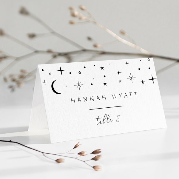 Celestial Place Cards Template, Wedding Name Cards, Moon Stars Place Settings, Printable Place Cards