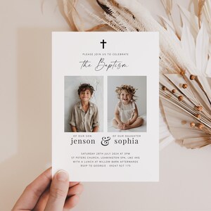May include: A white invitation card with a black cross at the top. The text "Please join us to celebrate the Baptism of our son Jenson & of our daughter Sophia" is printed in black. The card features two photos, one of a boy and one of a girl, with the date, time, and location of the event printed below. The text "RSVP to Georgie 09247 927 175" is printed at the bottom.