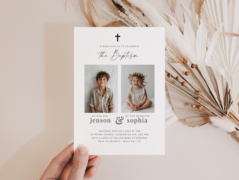 May include: A white invitation card with a black cross at the top. The text "Please join us to celebrate the Baptism of our son Jenson & of our daughter Sophia" is printed in black. The card features two photos, one of a boy and one of a girl, with the date, time, and location of the event printed below. The text "RSVP to Georgie 09247 927 175" is printed at the bottom.